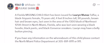 El FDLE emitió una alerta oficial de menor desaparecida, difundiendo su descripción física y la última ubicación conocida en North Miami - crédito @fdlepio/X