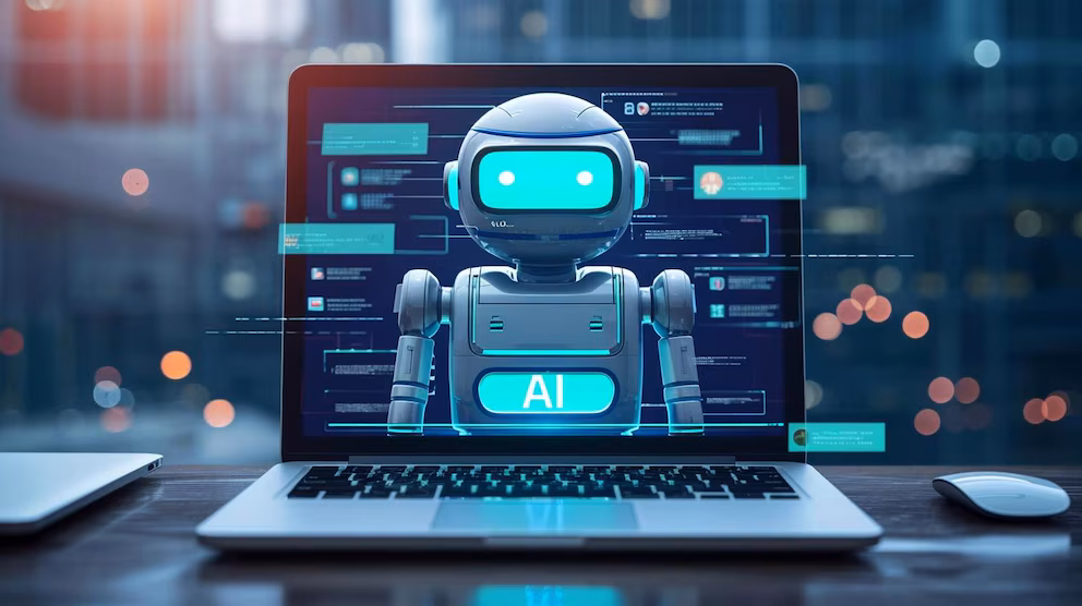 Pantalla de una laptop mostrando la interfaz de un chatbot impulsado por Inteligencia Artificial.
