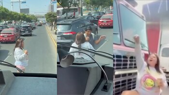 Une femme aux cheveux châtain bloque un camion de pompiers dans une rue encombrée et discute avec un homme à Lima. Un camion de pompiers rouge est visible.