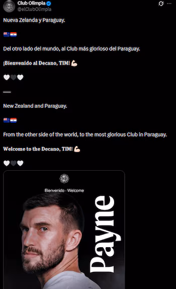 Olimpia du Paraguay officialise l’arrivée de Tim Payne, le Néo-Zélandais devenu sensation de la Coupe du Monde