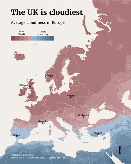 Le Royaume-Uni a la réputation d’être nuageux, mais ce n’est pas le ciel le plus gris d’Europe : la carte de la NASA qui compile 25 ans de nuages