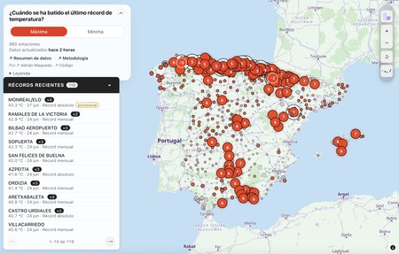 Chaque été, l’Espagne devient de plus en plus un four. Cette carte des records de l’AEMET le prouve station par station.