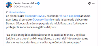 Le Centro Democrático a affirmé que l’urgence énergétique “est réelle” et a lancé un paquet d’initiatives au Congrès.