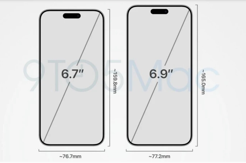 iPhone 15 Pro Max (L) ve iPhone 16 Pro Max (R) arasındaki boyut farkı – iPhone 16 serisi için ön ekran boyutları, boyutları, ağırlık sızıntısı