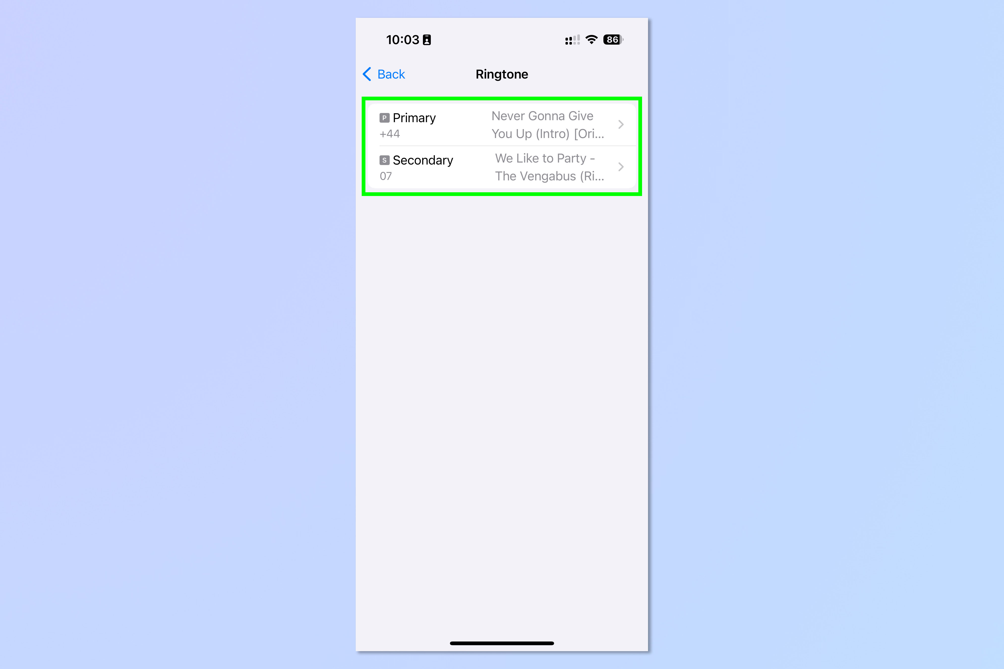 iPhone'da çift zil sesinin nasıl ayarlanacağını gösteren ekran görüntüsü