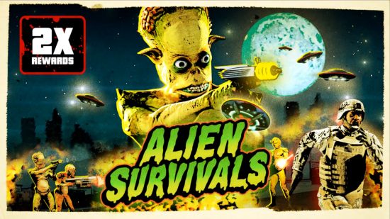 GTA Online - Fütüristik bir patlayıcı tutan sarı tenli bir yaratığın yer aldığı 'Uzaylı Hayatta Kalma' posteri.