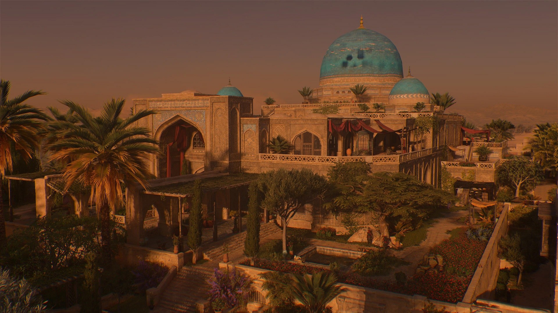 Assassin's Creed Mirage'ın dokuzuncu yüzyıl Bağdat'ını yeniden canlandırması üzerinde gün batımı.