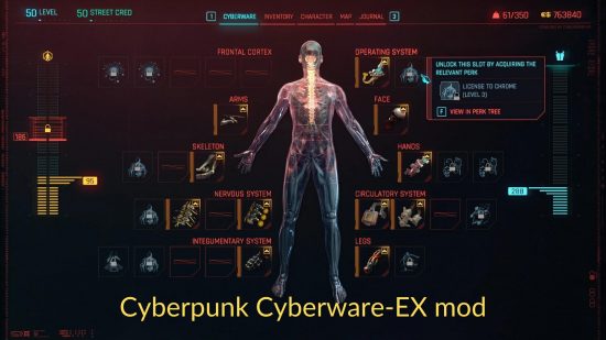 Cyberpunk 2077 Cyberware modu: EX modundan Cyberpunk siber yazılımı kullanıcı arayüzünün bir görüntüsü