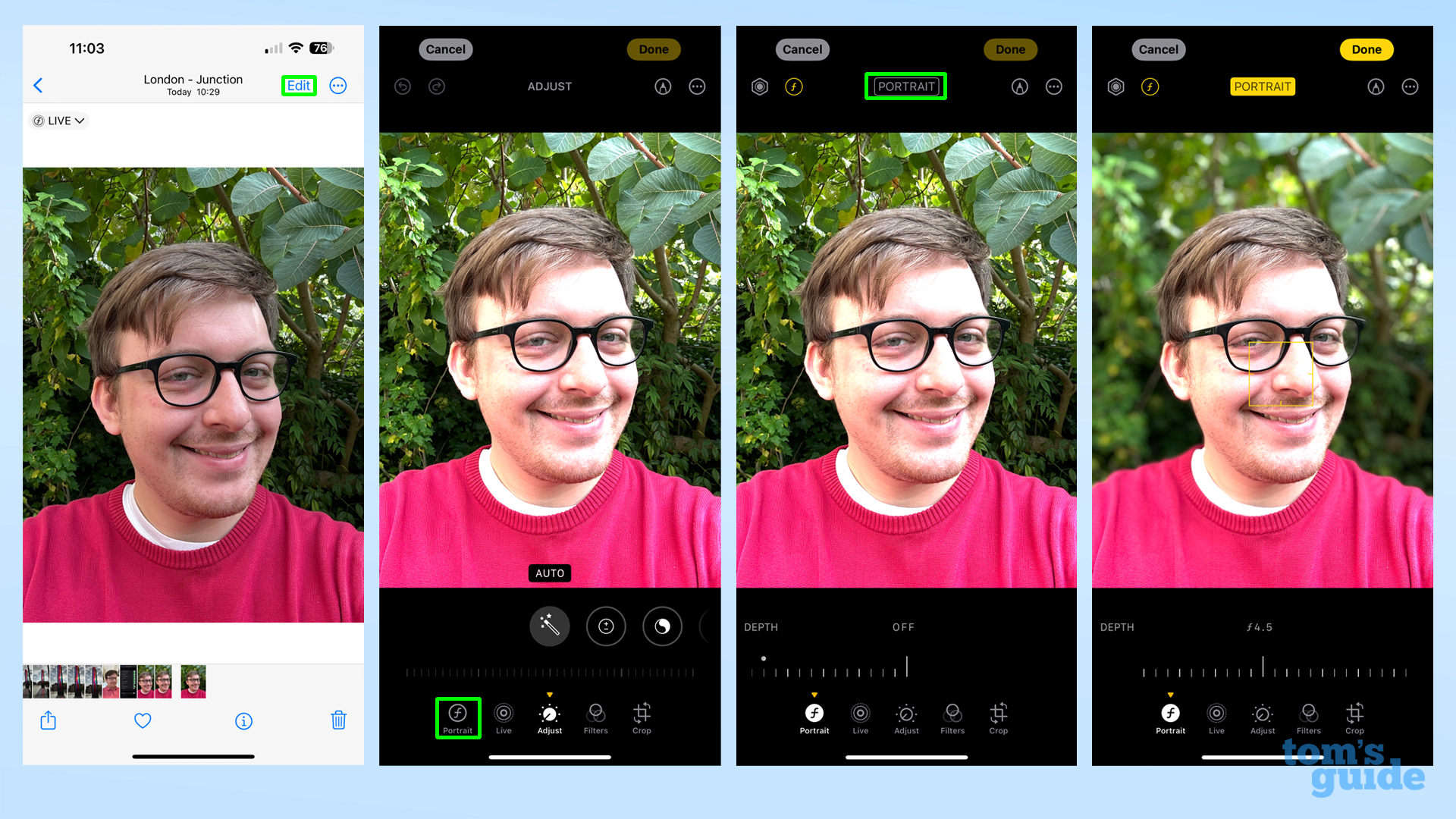 iPhone 15'te Düzen menüsünden portre efektinin nasıl uygulanacağını gösteren ekran görüntüleri