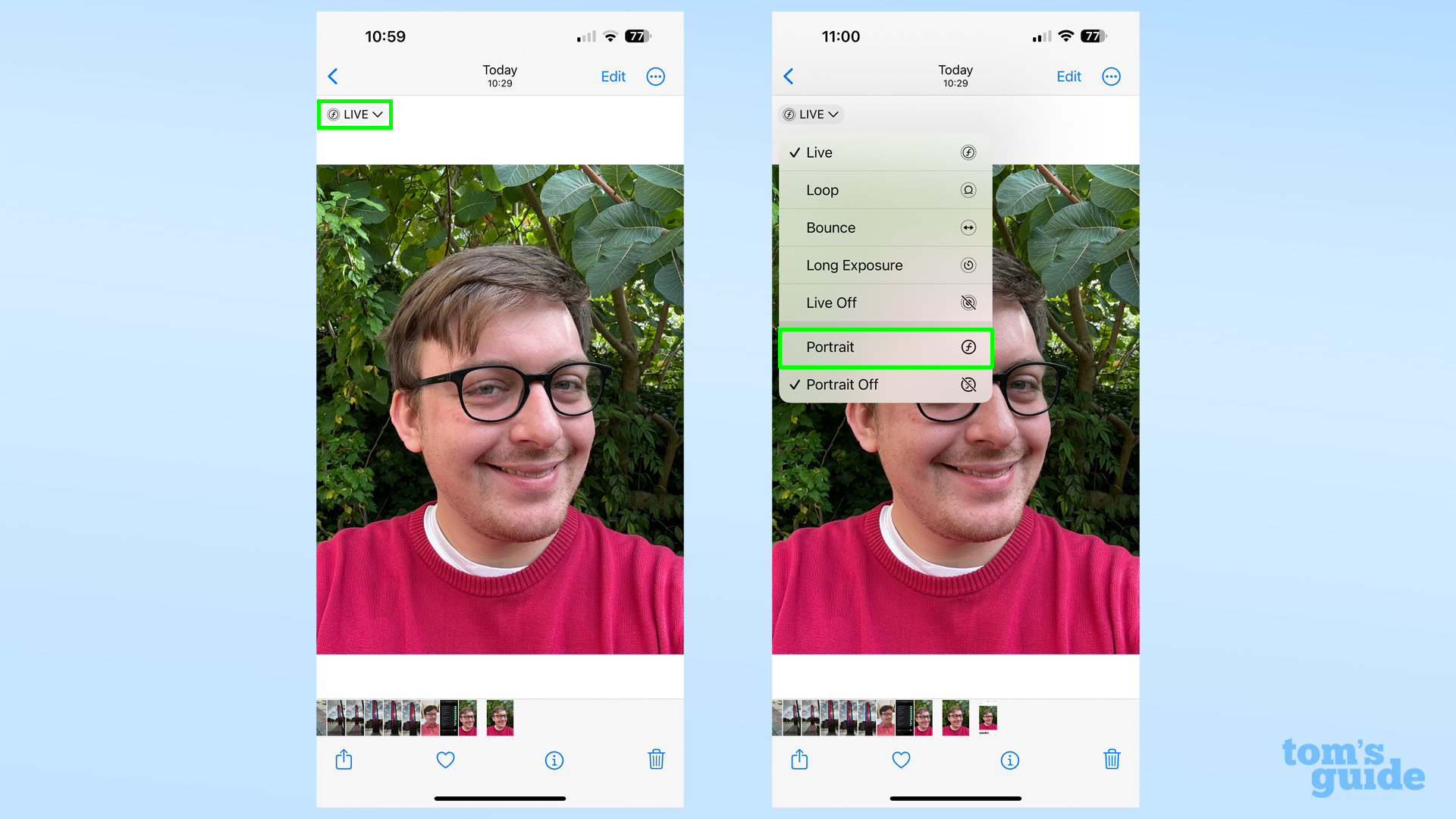 iPhone 15'te standart bir fotoğrafa portre modu efektinin nasıl uygulanacağını gösteren ekran görüntüleri