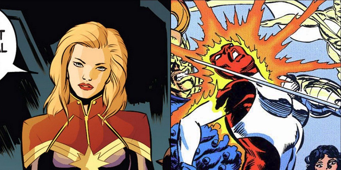 Kaptan Marvel kostümüyle Carol Danvers (solda);  kozmik kahraman İkili olarak (sağda)