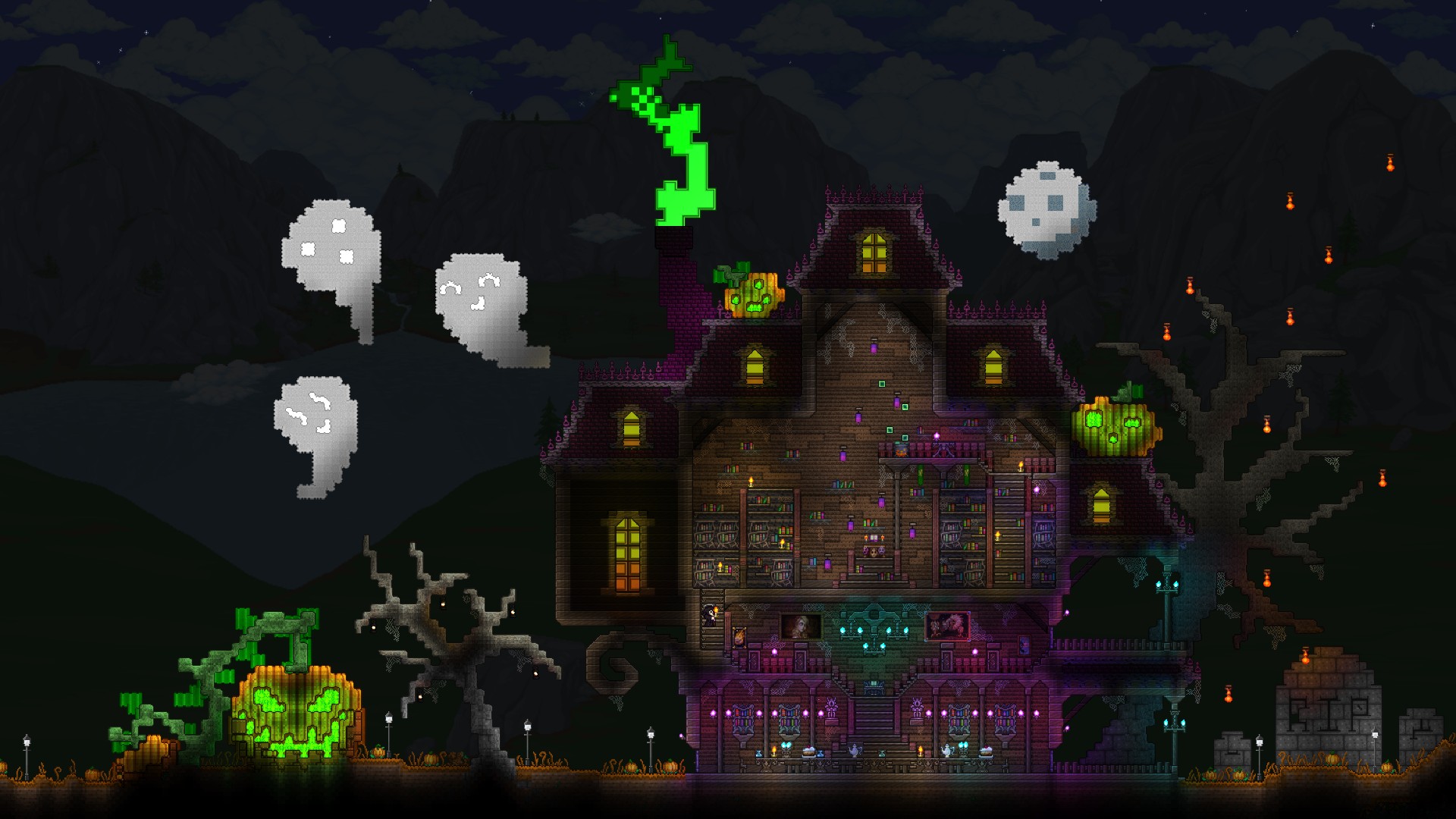 Terraria, yeşil ve mor aydınlatmalı perili ev ve onu çevreleyen hayaletler