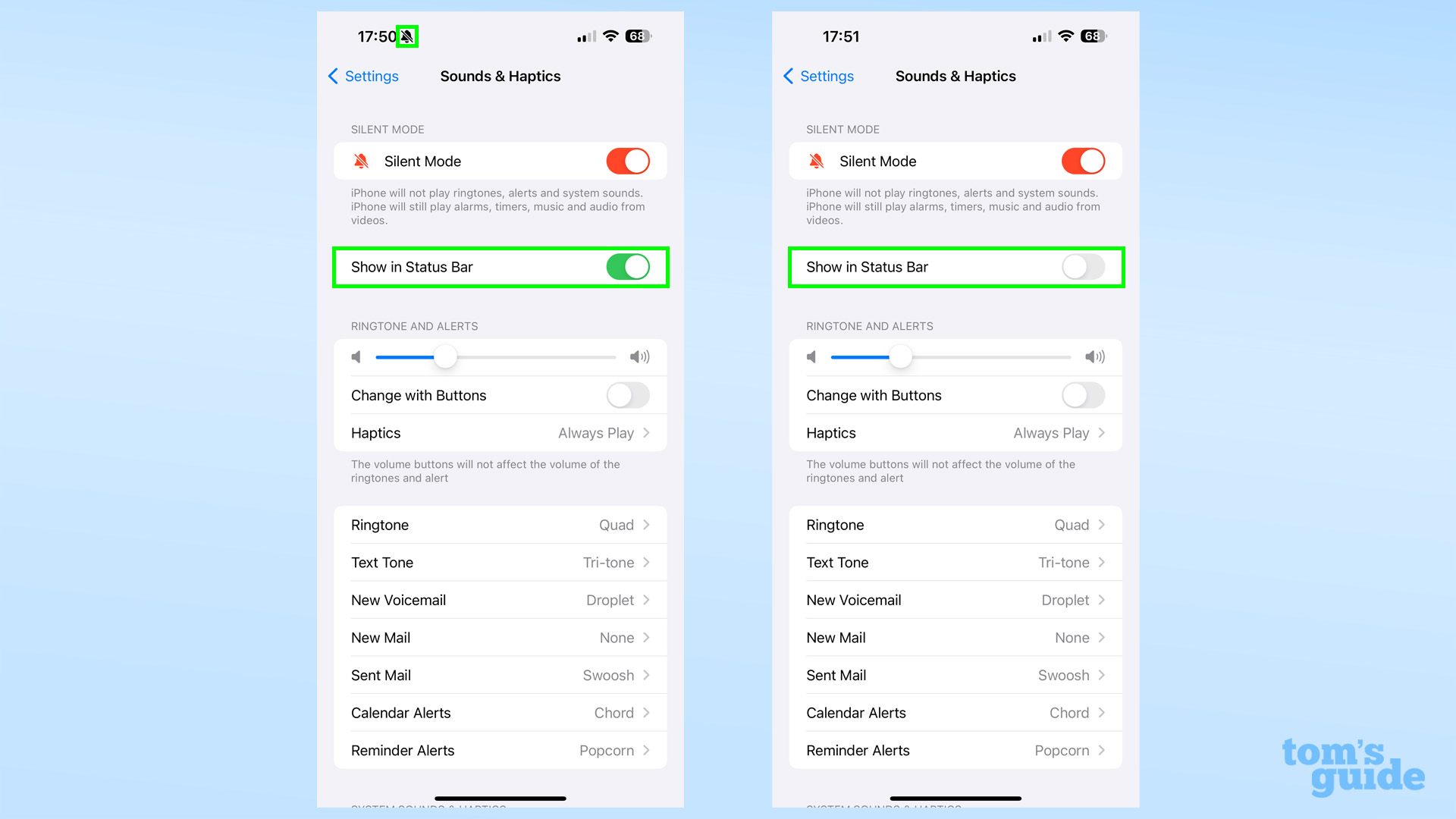 Sessiz mod için Durum Çubuğunda Göster seçeneğinin etkin ve devre dışı olduğu iOS 17'deki Ses ve Dokunuş menüsünü gösteren iki ekran görüntüsü