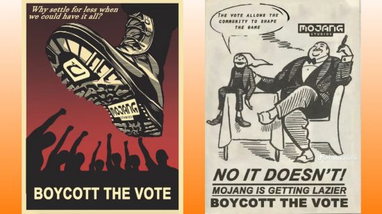 Minecraft mafyasının oy dilekçesi ve boykotunu çevreleyen savaş temalı propagandanın bazı örnekleri.