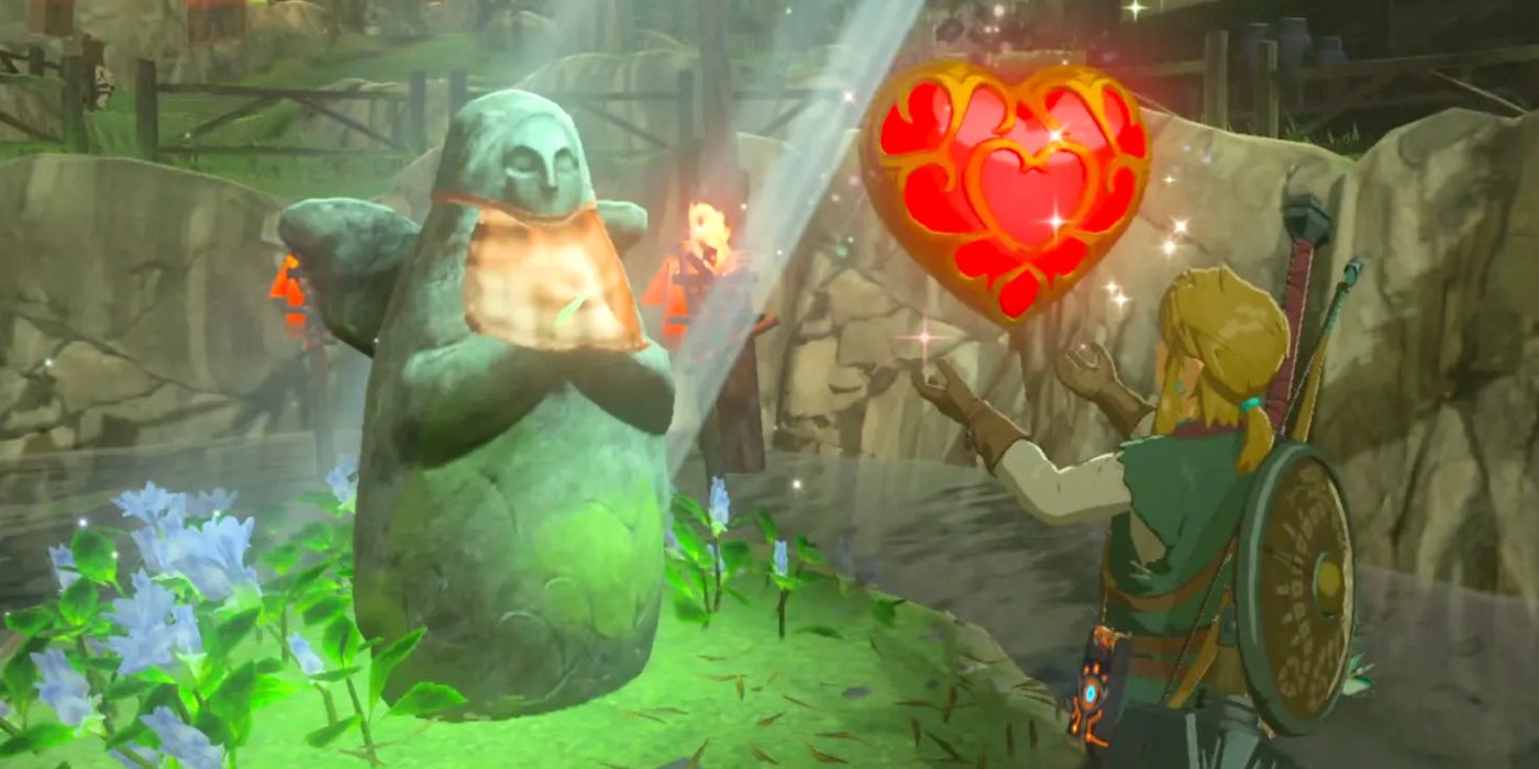Link, Tanrıça Heykeli'nin önünde duruyor ve Vahşi Nefes'te bir Kalp Kabı tutuyor