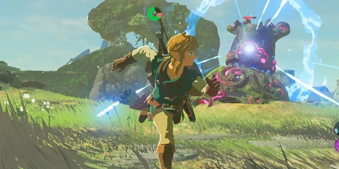 Link, Breath of the Wild'da büyük bir canavardan kaçıyor