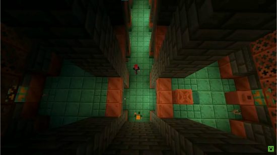 Minecraft vanilya güncellemesindeki bakır duvarlı deneme odalarının kuşbakışı görünümü.