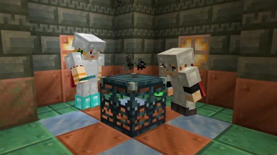 İki Minecraft oyuncusu, Minecraft deneme odalarında bulunan yeni bir deneme oluşturucuya bakıyor.