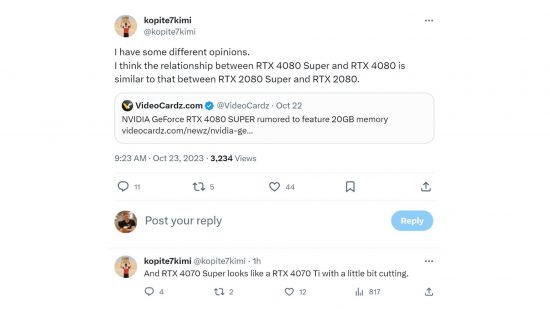 Nvidia GeForce RTX 4080 Süper sızıntısı: Bir donanım sızıntısının yaklaşan Nvidia kartları hakkındaki görüşünü gösteren tweet.