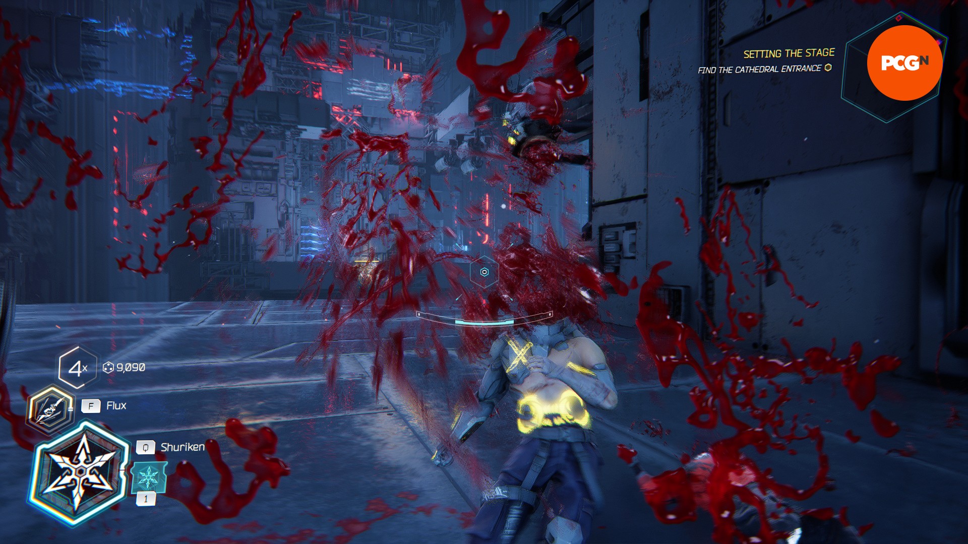 Ghostrunner 2 incelemesi: Sarı ceketli bir cesedin kalıntıları kamerada kanla birlikte ekrana sıçradı.