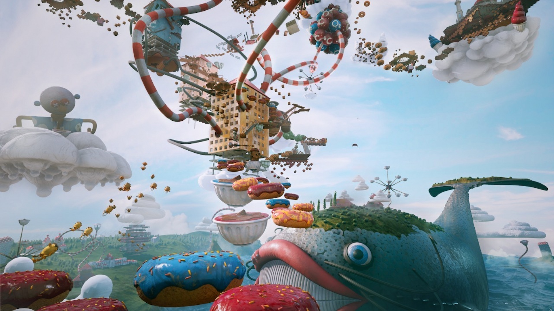 Donut platformları ve dev balinalar da dahil olmak üzere gerçeküstü Limbo manzarasını gösteren Atomic Heart DLC ekran görüntüsü