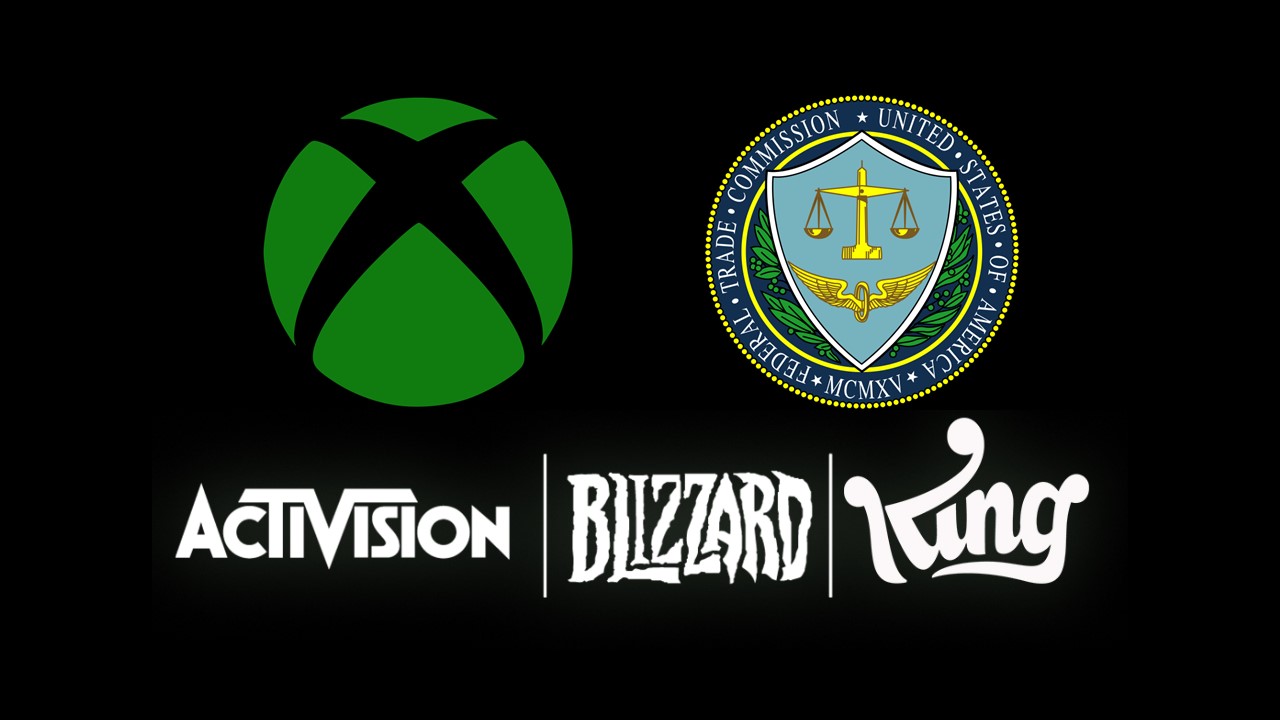 Siyah arka planda Xbox, Activision Blizzard King ve FTC logoları