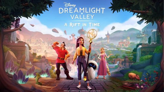 Disney Dreamlight Valley: A Rift in Time - Gaston, Rapunzel ve EVE'nin yer aldığı yeni genişletme kartı için bir poster.