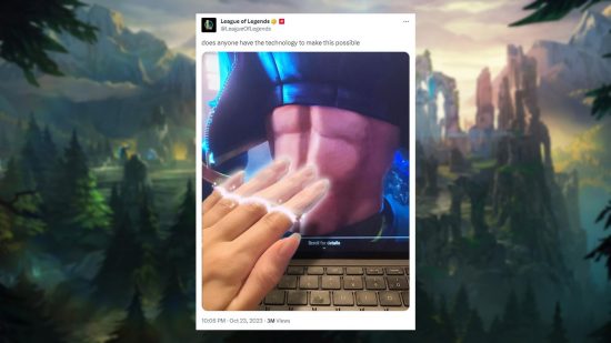 League of Legends Twitter hesabından bir Tweetin, bilgisayar ekranından karın kaslarına dokunmak için geçişini gösteren bir görsel