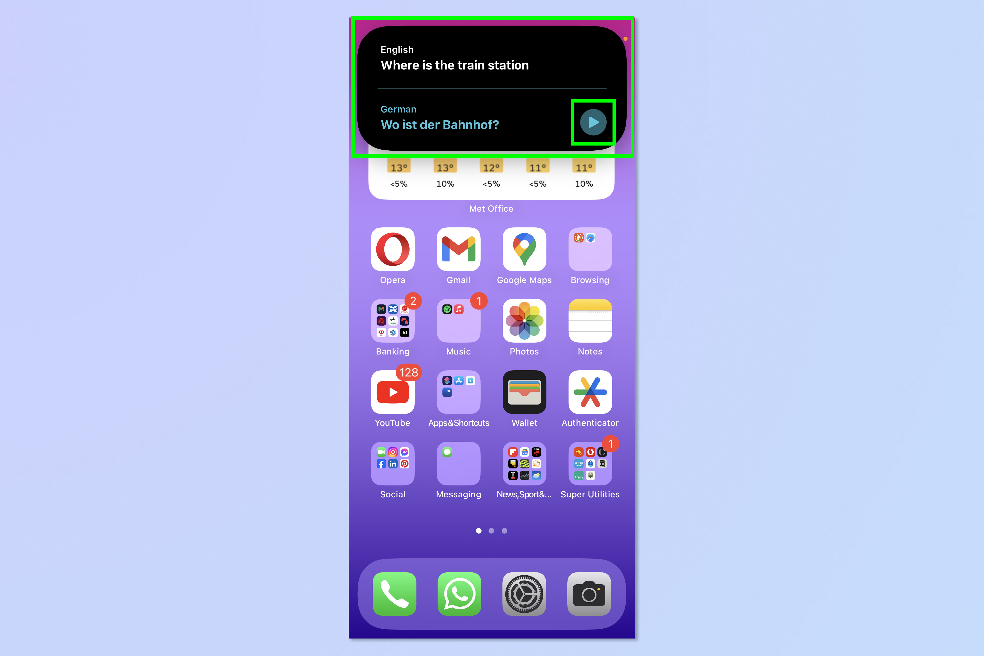 iPhone 15 Pro Eylem Düğmesiyle Çeviri'nin nasıl kurulacağını gösteren ekran görüntüsü