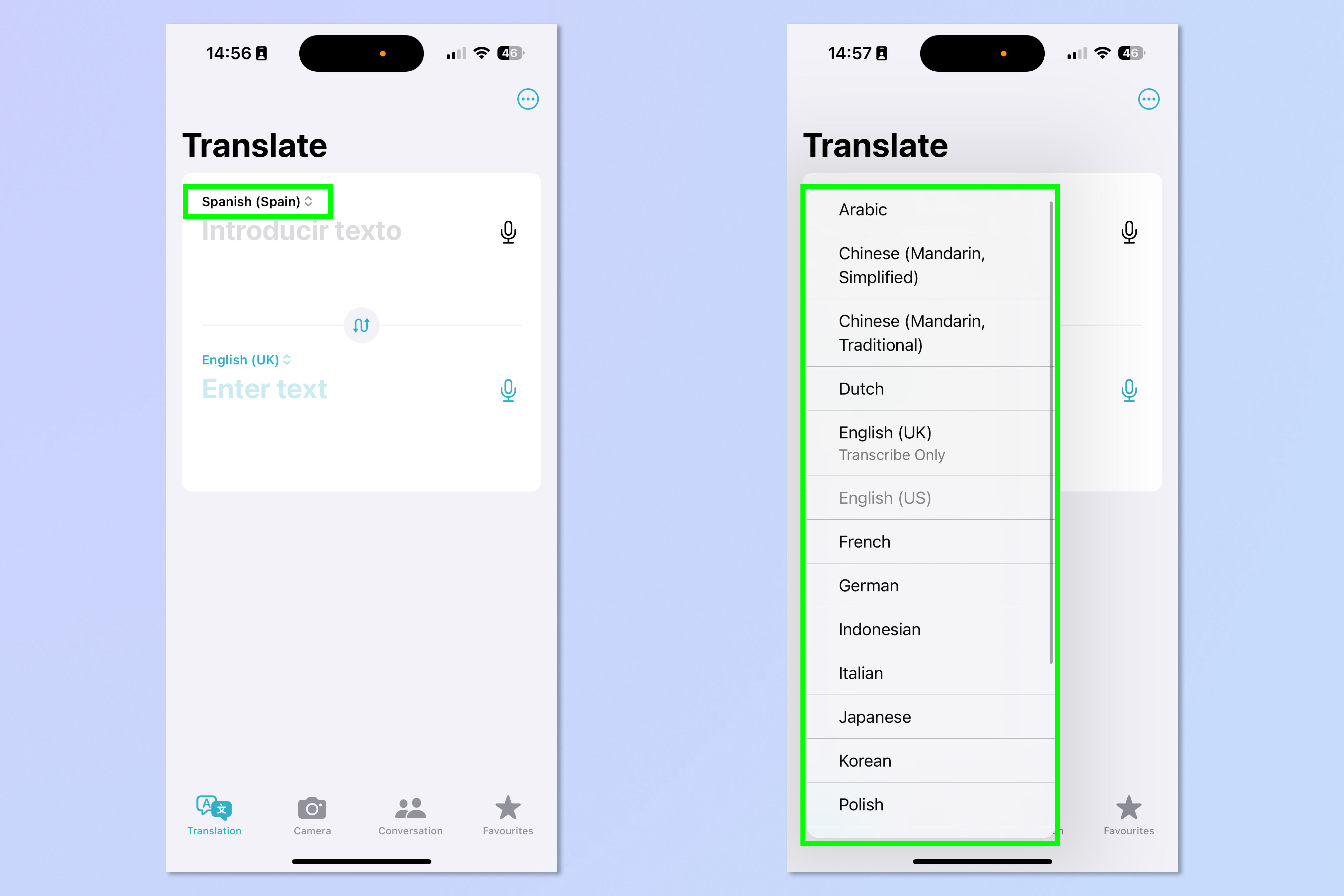 iPhone 15 Pro Eylem Düğmesiyle Çeviri'nin nasıl kurulacağını gösteren ekran görüntüsü