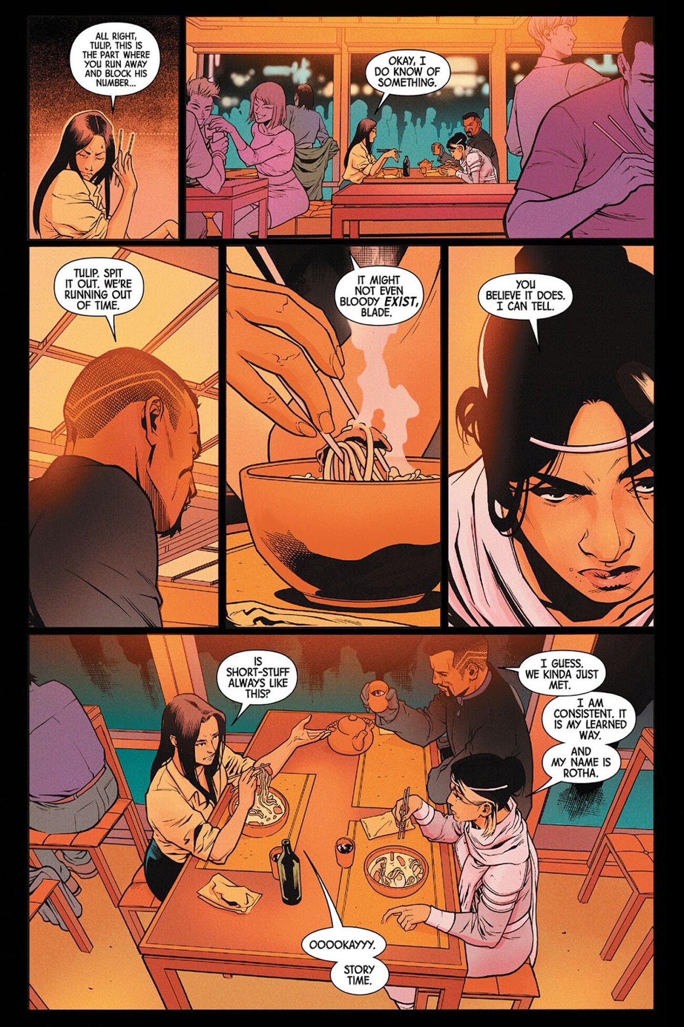 Blade #3'teki panellerde Tulip, Rotha ve Blade'e Lucifer'in Işık Getiren'ini anlatıyor