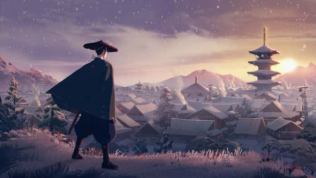 Mizu, Netflix'in Mavi Gözlü Samurayından bir yerleşkeye bakan bir sahnede.