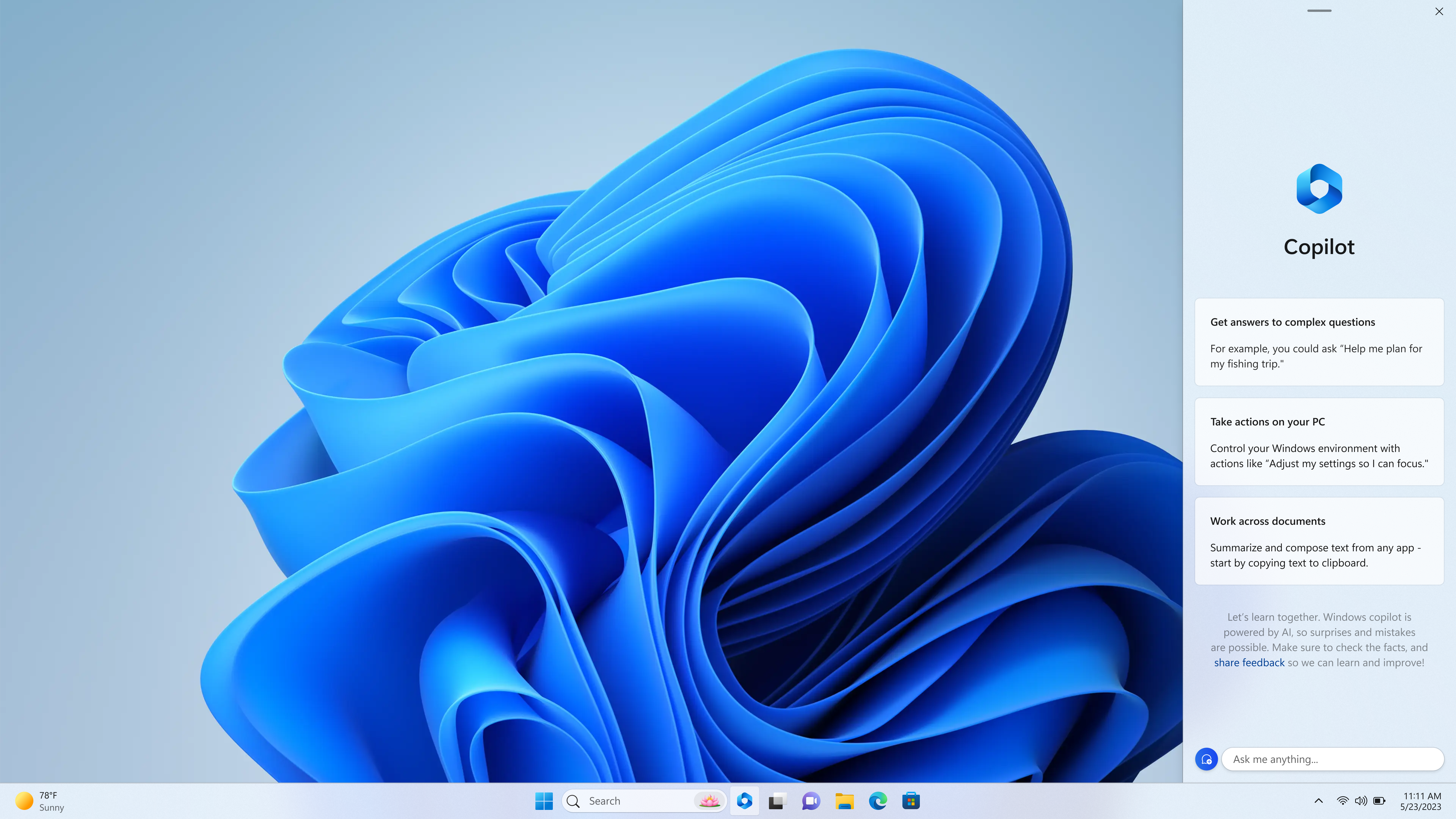 Kullanımdaki Windows Copilot'un ekran görüntüsü