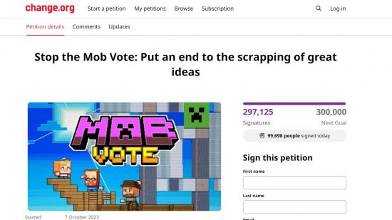 Mojang'ın Minecraft'ın mafya oy sistemini kaldırmasını isteyen change.org dilekçesinin ekran görüntüsü
