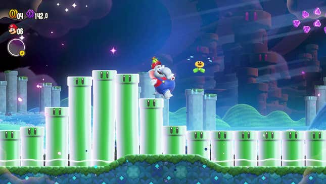 Super Mario Bros. Wonder'dan Mario'yu fil formunda gösteren bir ekran görüntüsü.
