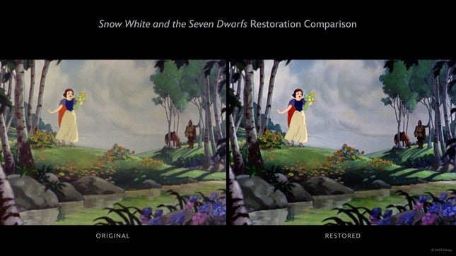 Yan yana panellerde Pamuk Prenses orijinali ile 4k restorasyon karşılaştırması