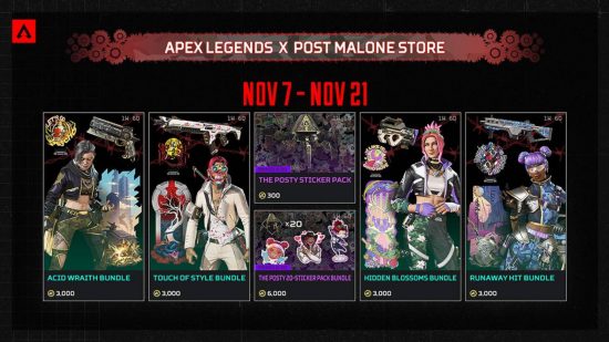 Yeni Post Malone Apex Legends görünümlerini ve fiyatlarını gösteren bir infografik