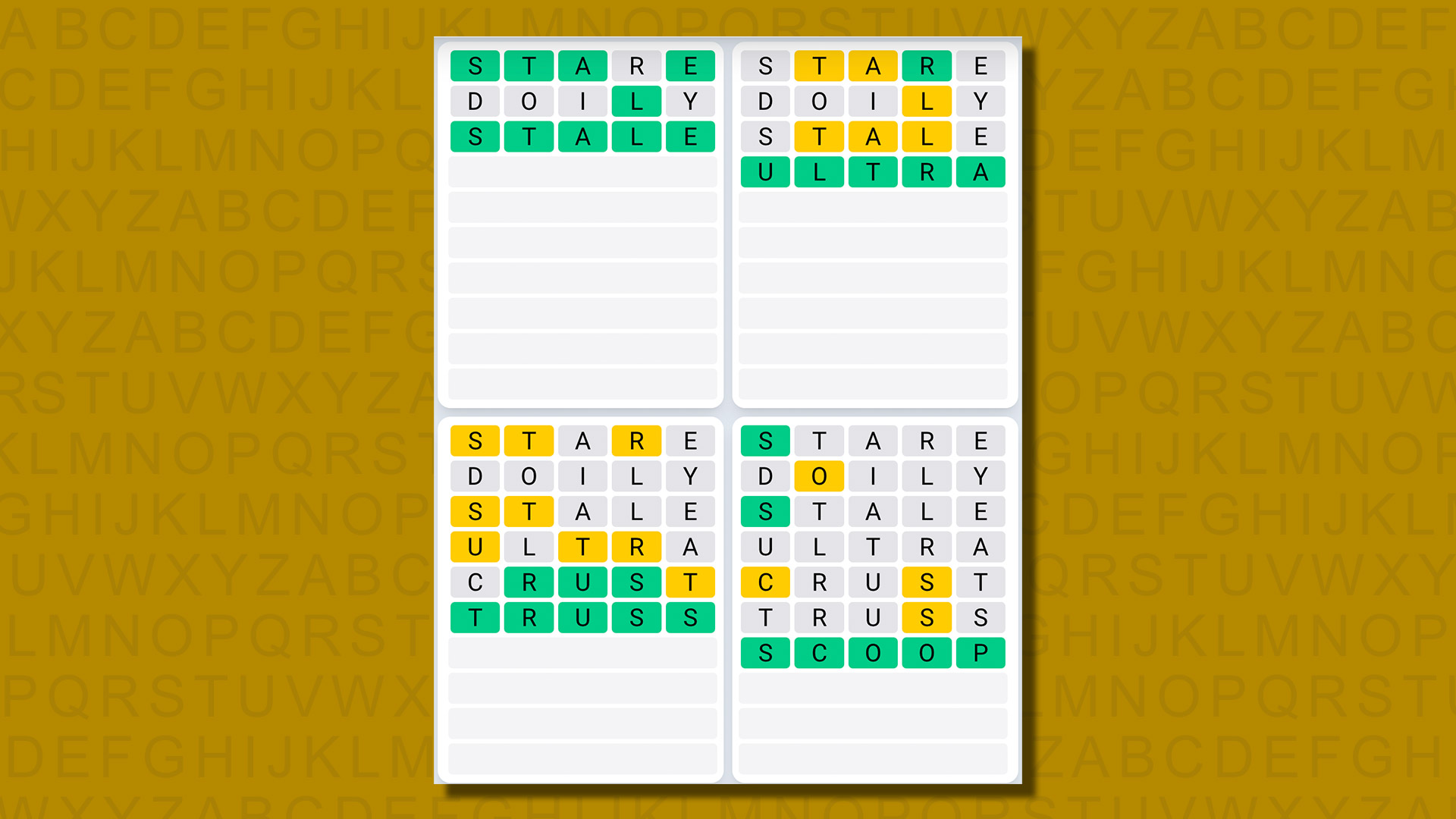 Sarı arka planda 654 numaralı oyun için Quordle günlük dizi yanıtları