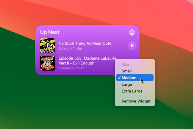MacOS Sonoma'daki bir masaüstü widget'ındaki sağ tıklama menüsü, kullanıcının widget'ın ayarlarını düzenlemesine olanak tanır.