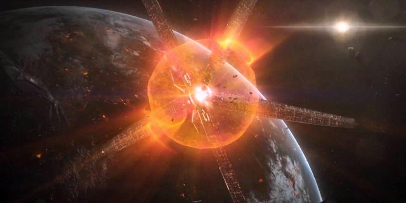 Mass Effect 3'ten, Dünya'nın hemen üzerindeki uzayda bulunan Kale'deki kırmızı Katalizör patlamasının görüntüsü.