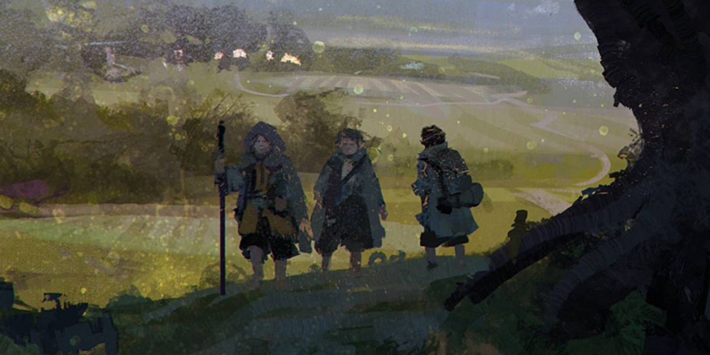 Tek Yüzük Yüzüklerin Efendisi TTRPG'den çimenli bir zemin üzerinde yürüyen üç hobbitin sanatı