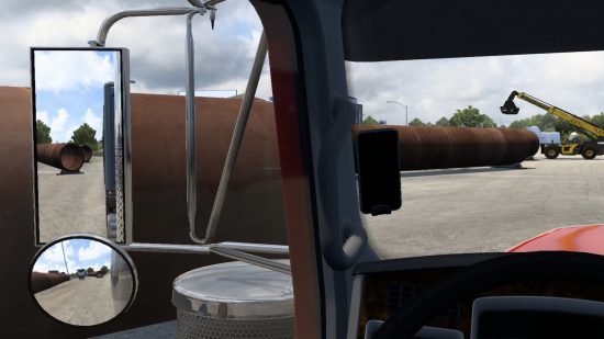Truckerkid'in gerçekçi ayna moduna kamyon kabini perspektifinden bir bakış