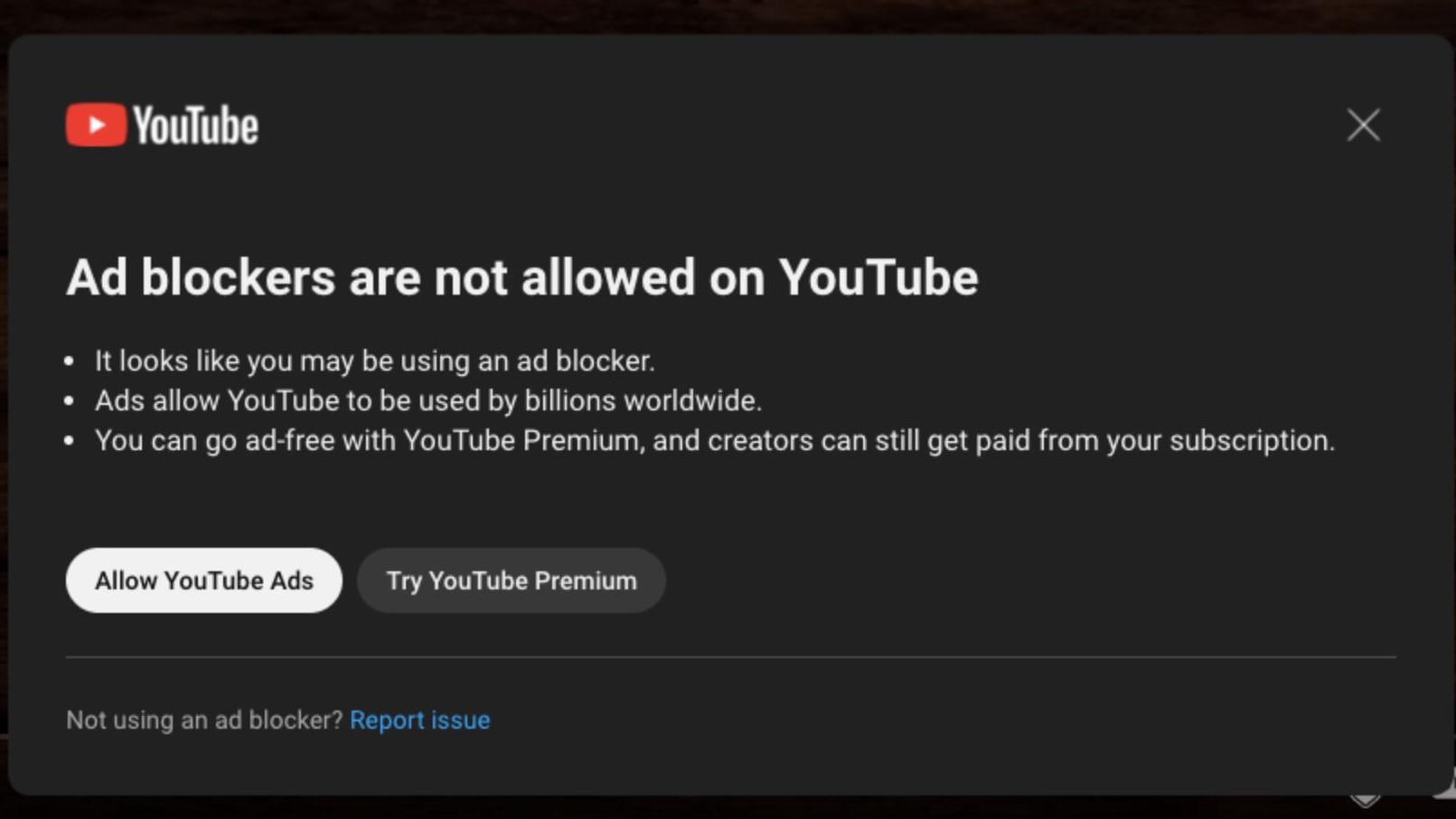 Reklam engelleyicileri devre dışı bırakmak için YouTube'daki Pop-up'ın resmi
