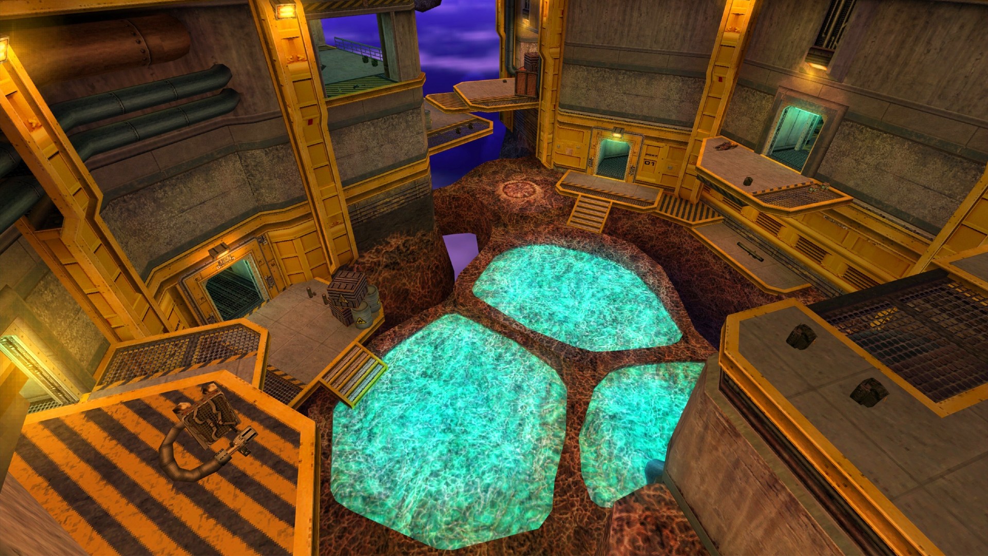 Mor bir alanda yüzen bir tesisin içini gösteren Half-Life havuz partisi haritası