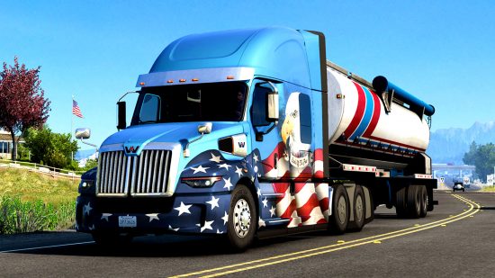 Steam sonbahar indirimi 2023 - American Truck Simulator'da Yıldızlar ve Çizgiler boyalı bir kamyon.