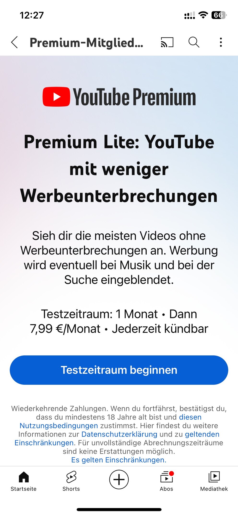 YouTube Premium Lite'a rezervasyon yapın; iPhone'da sorun yok.