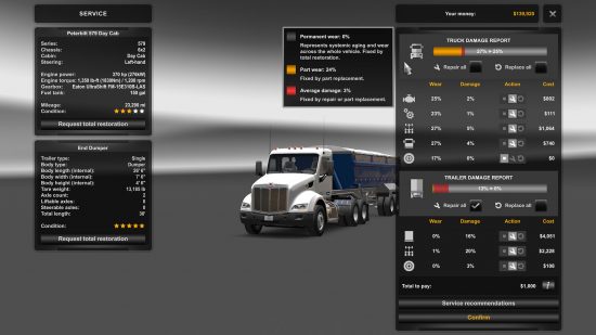 American Truck Simulator 1.49 - Bileşenleri etkileyebilecek çeşitli aşınma ve yıpranma biçimleriyle birlikte yeni hasar menüsünü gösteren ekran görüntüsü.