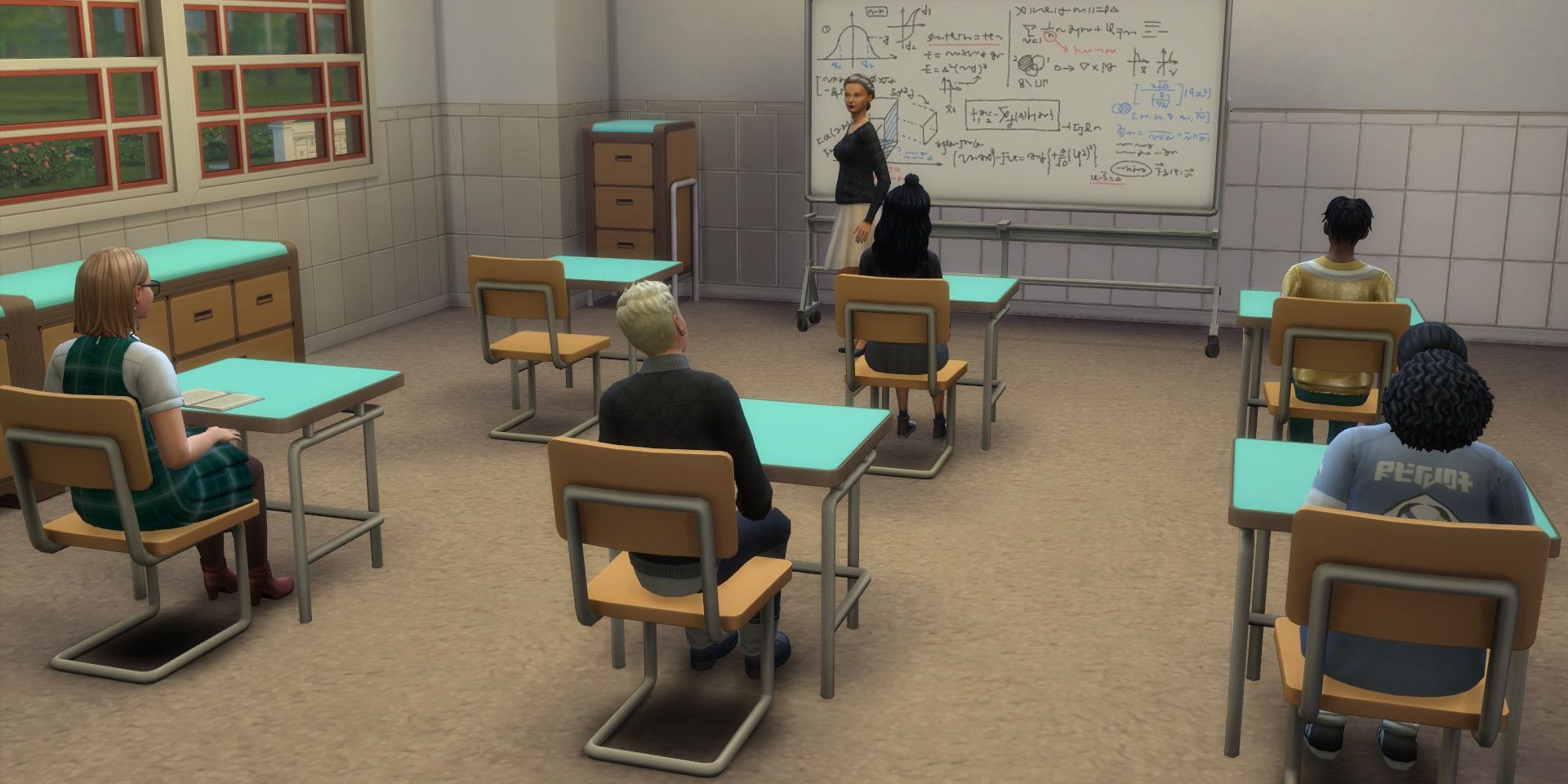 Sims 4 video oyununda sınıfta oturan öğrenciler