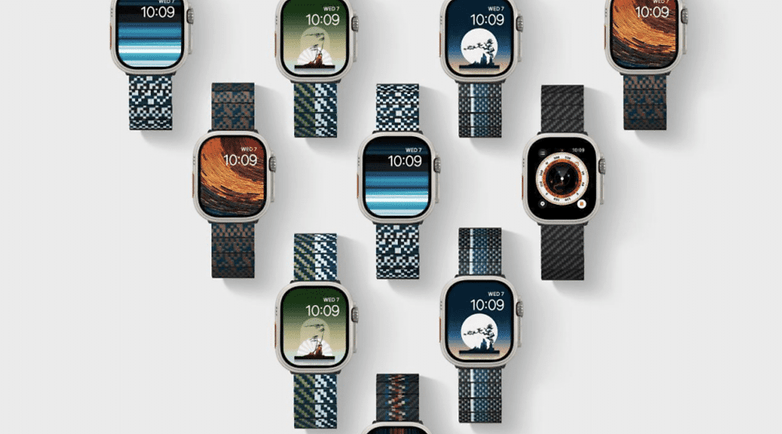 Apple Watch için Pitaka'nın birçok farklı renkte saat kayışları.