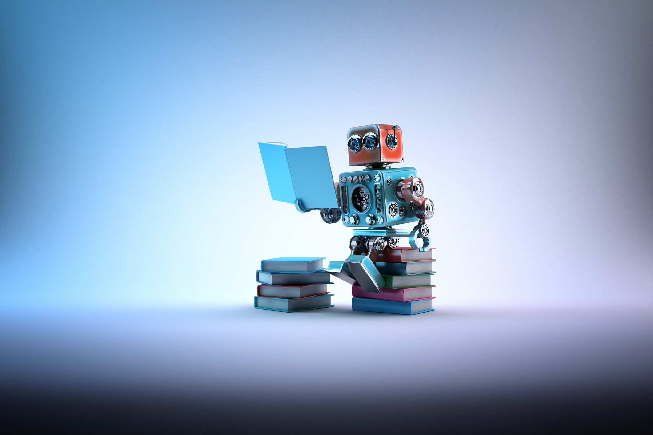 Bir sürü kitabın üzerinde oturan robot